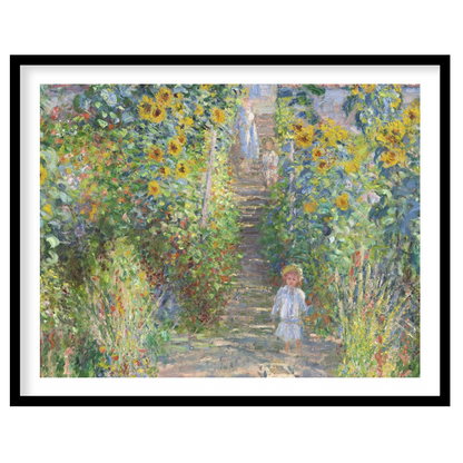Immerse yourself in the serene beauty of a sun-dappled garden pathway lined with vibrant for loft