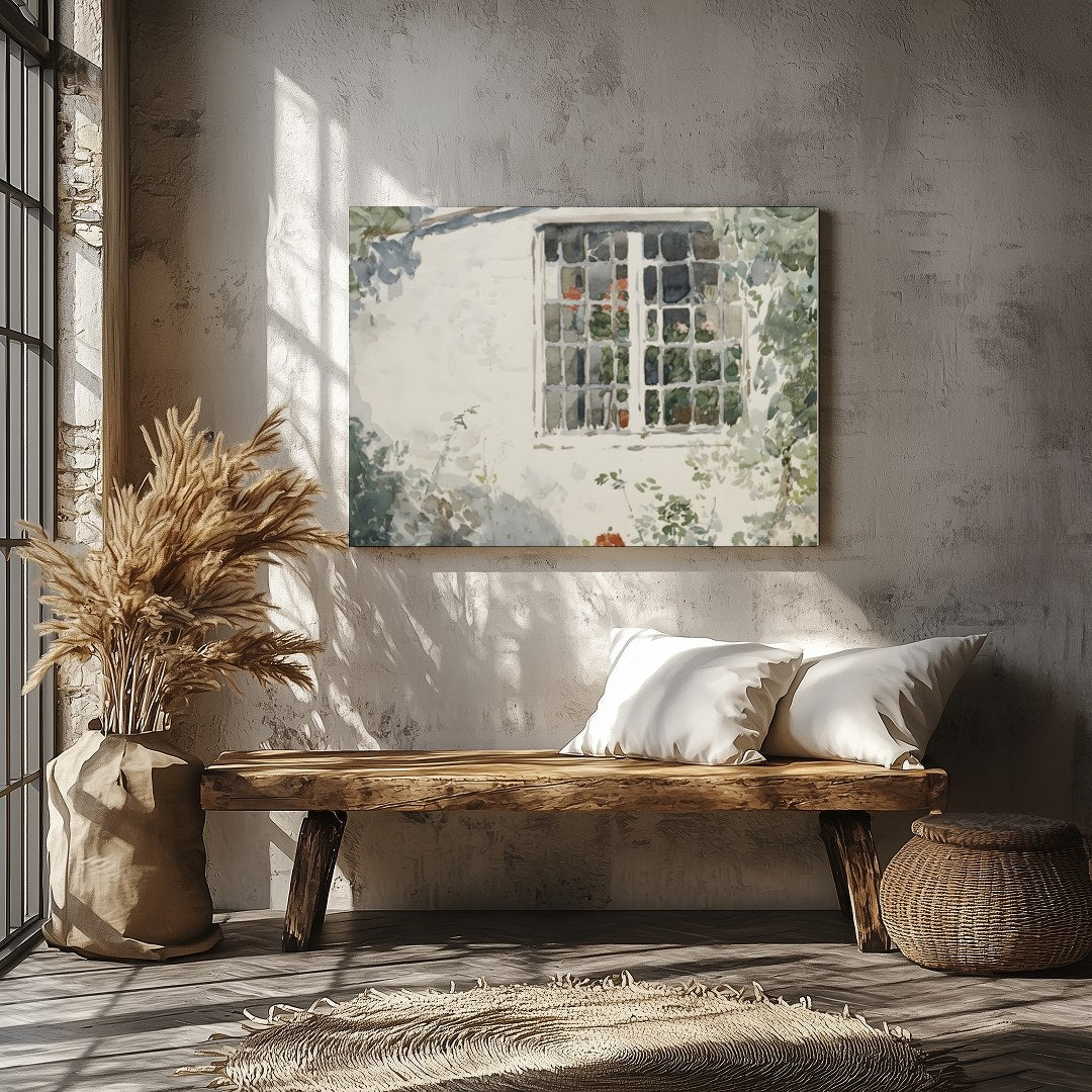Capture the serene beauty of nature with this exquisite watercolor painting, featuring a sunlit for Veranda