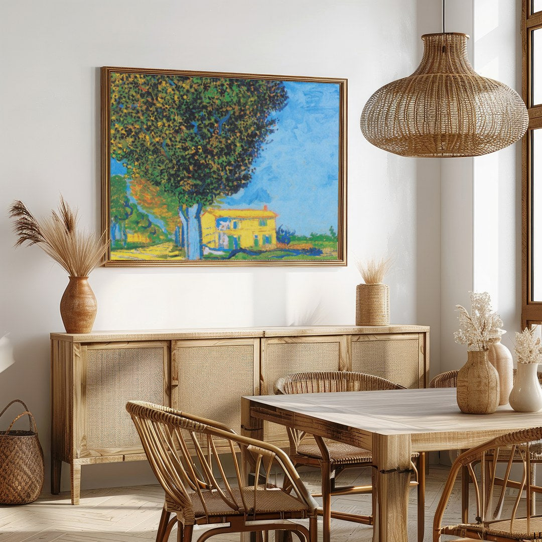 Experience the tranquility of a sunlit house nestled in a serene landscape. This artwork captures for Dining