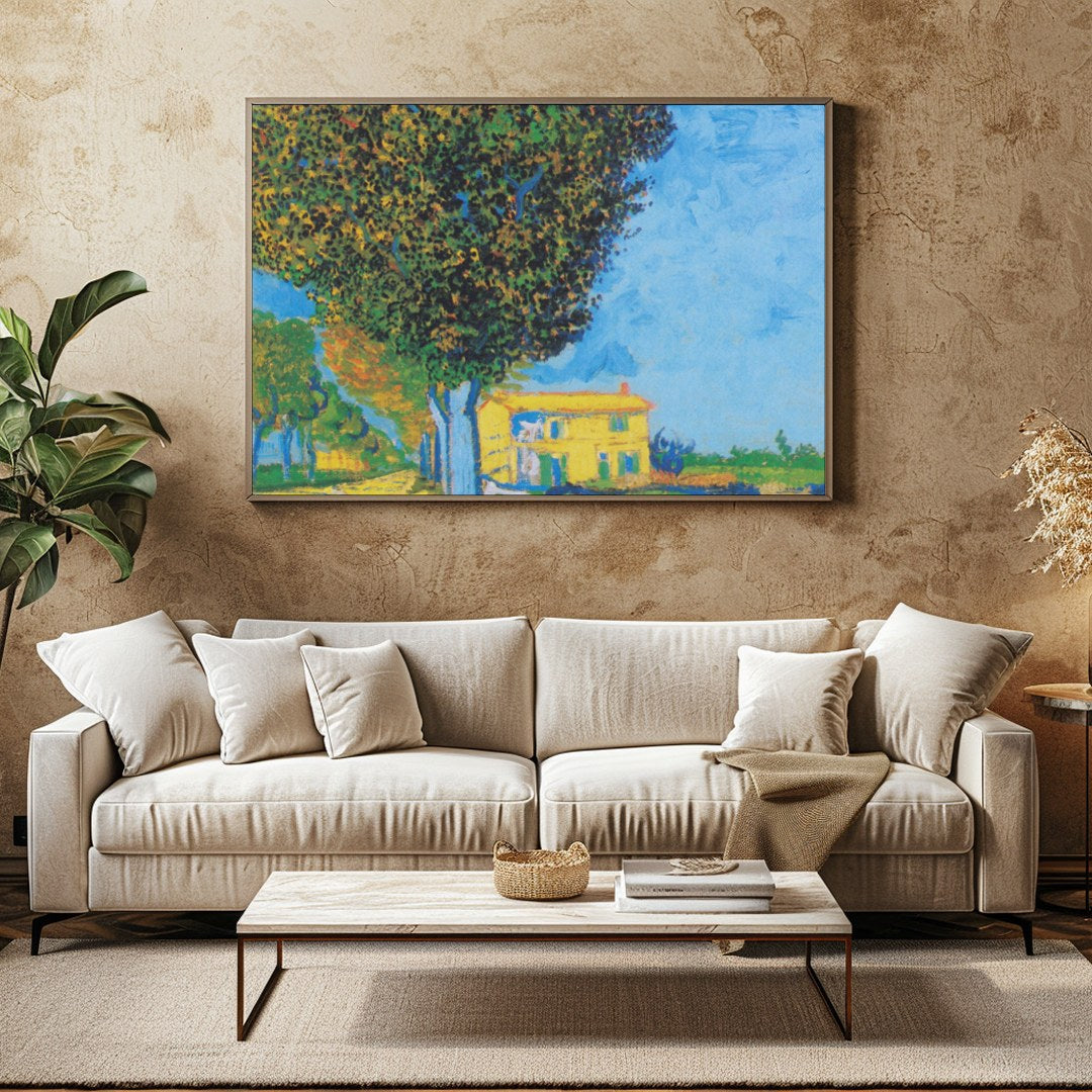 Experience the tranquility of a sunlit house nestled in a serene landscape. This artwork captures for Family Room