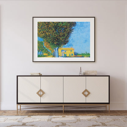 Experience the tranquility of a sunlit house nestled in a serene landscape. This artwork captures for Foyer