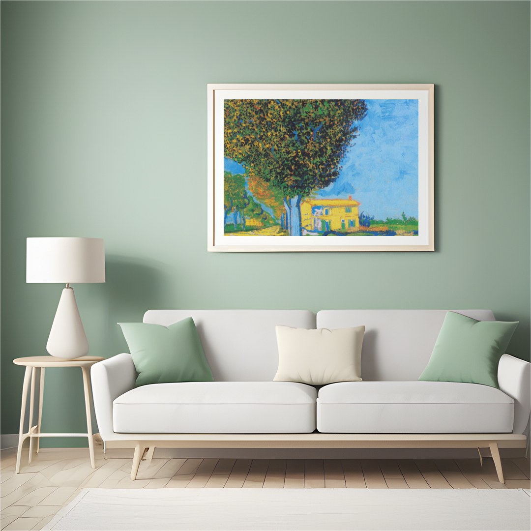 Experience the tranquility of a sunlit house nestled in a serene landscape. This artwork captures for Hall