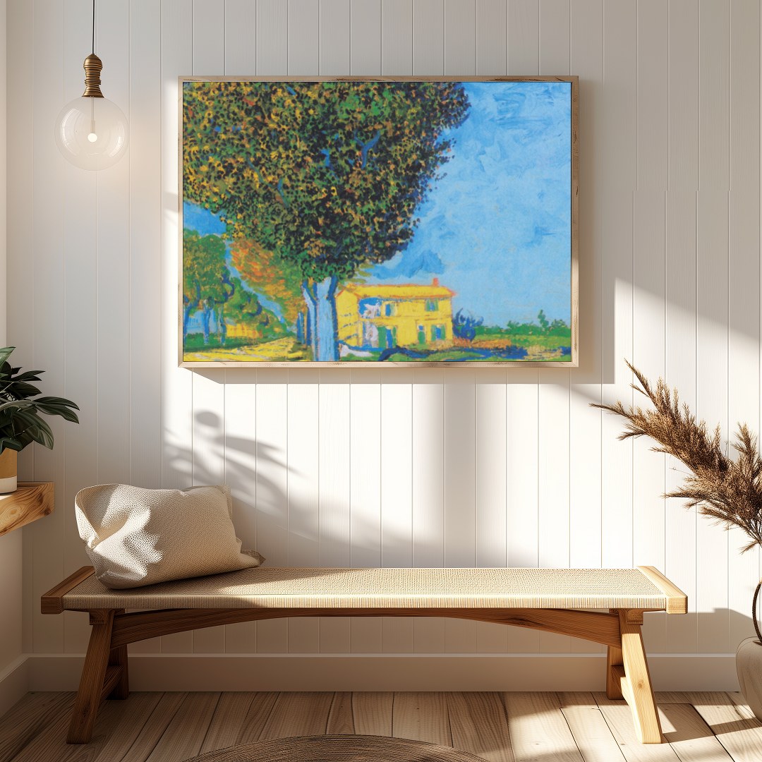 Experience the tranquility of a sunlit house nestled in a serene landscape. This artwork captures for Hallway