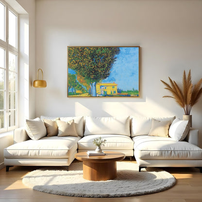 Experience the tranquility of a sunlit house nestled in a serene landscape. This artwork captures for Living Room