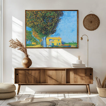 Experience the tranquility of a sunlit house nestled in a serene landscape. This artwork captures for Sitting Area
