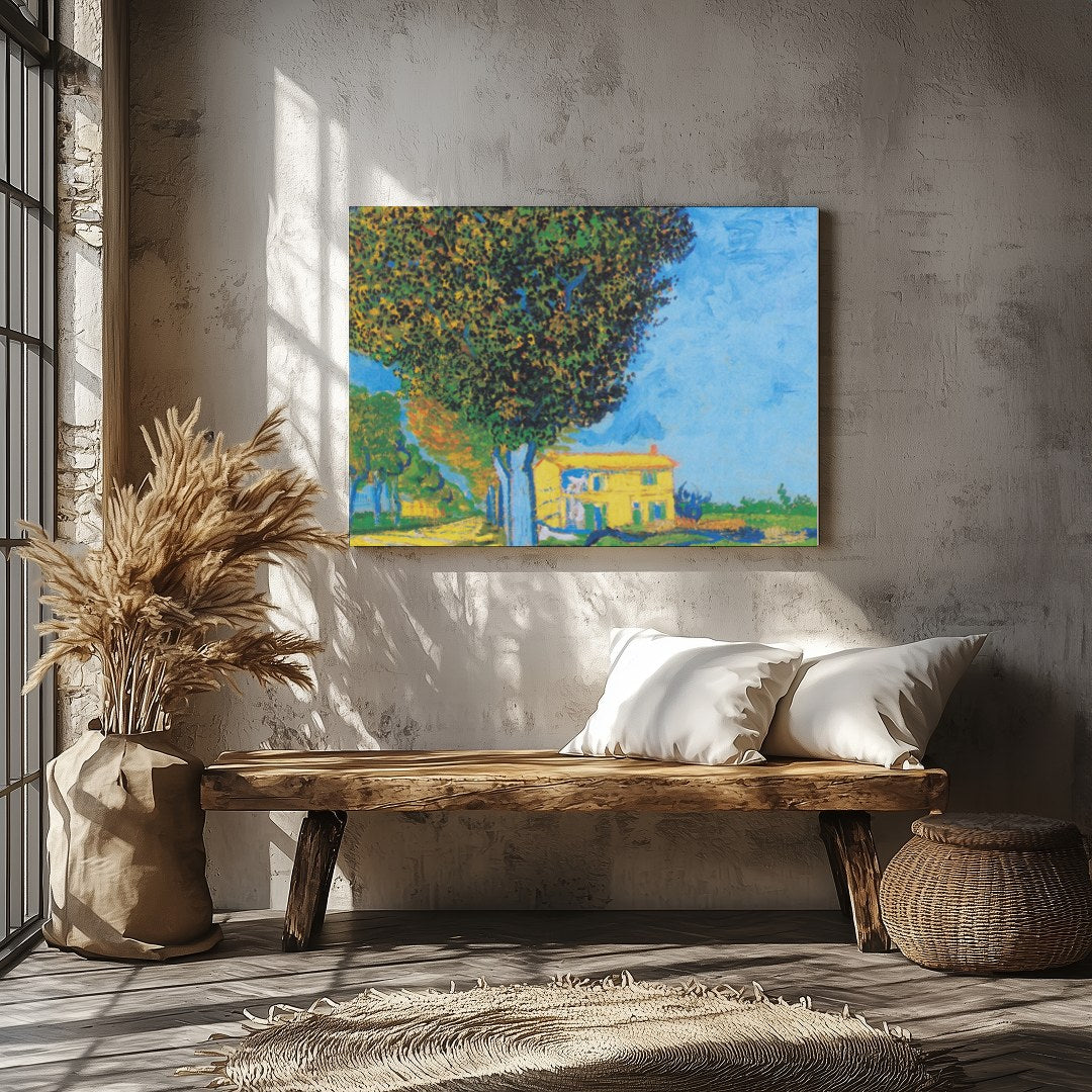 Experience the tranquility of a sunlit house nestled in a serene landscape. This artwork captures for Veranda