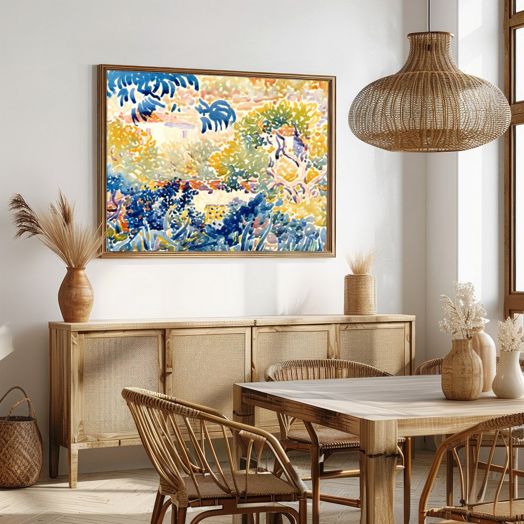 Experience the vibrant beauty of a sunlit garden with this impressionist masterpiece. The artwork's for Dining