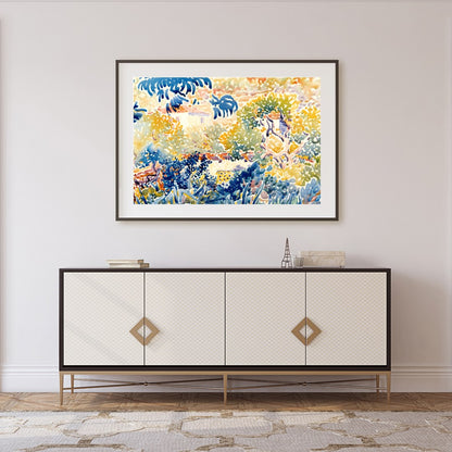 Experience the vibrant beauty of a sunlit garden with this impressionist masterpiece. The artwork's for Foyer