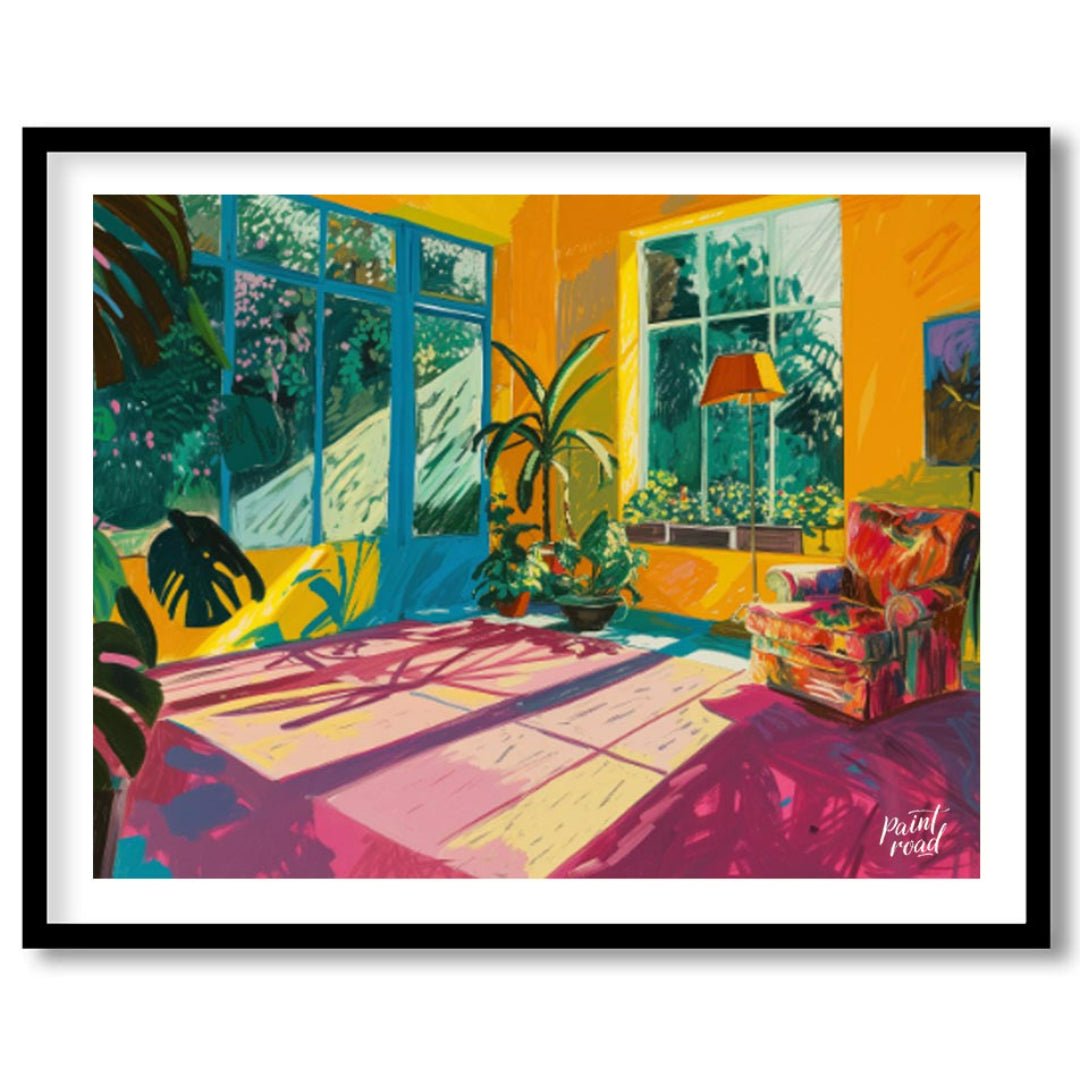 "Sunlit Interior" presents a vibrant depiction of an indoor space, bathed in warm sunlight. The art… for area