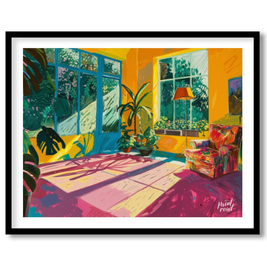 "Sunlit Interior" presents a vibrant depiction of an indoor space, bathed in warm sunlight. The art… for area
