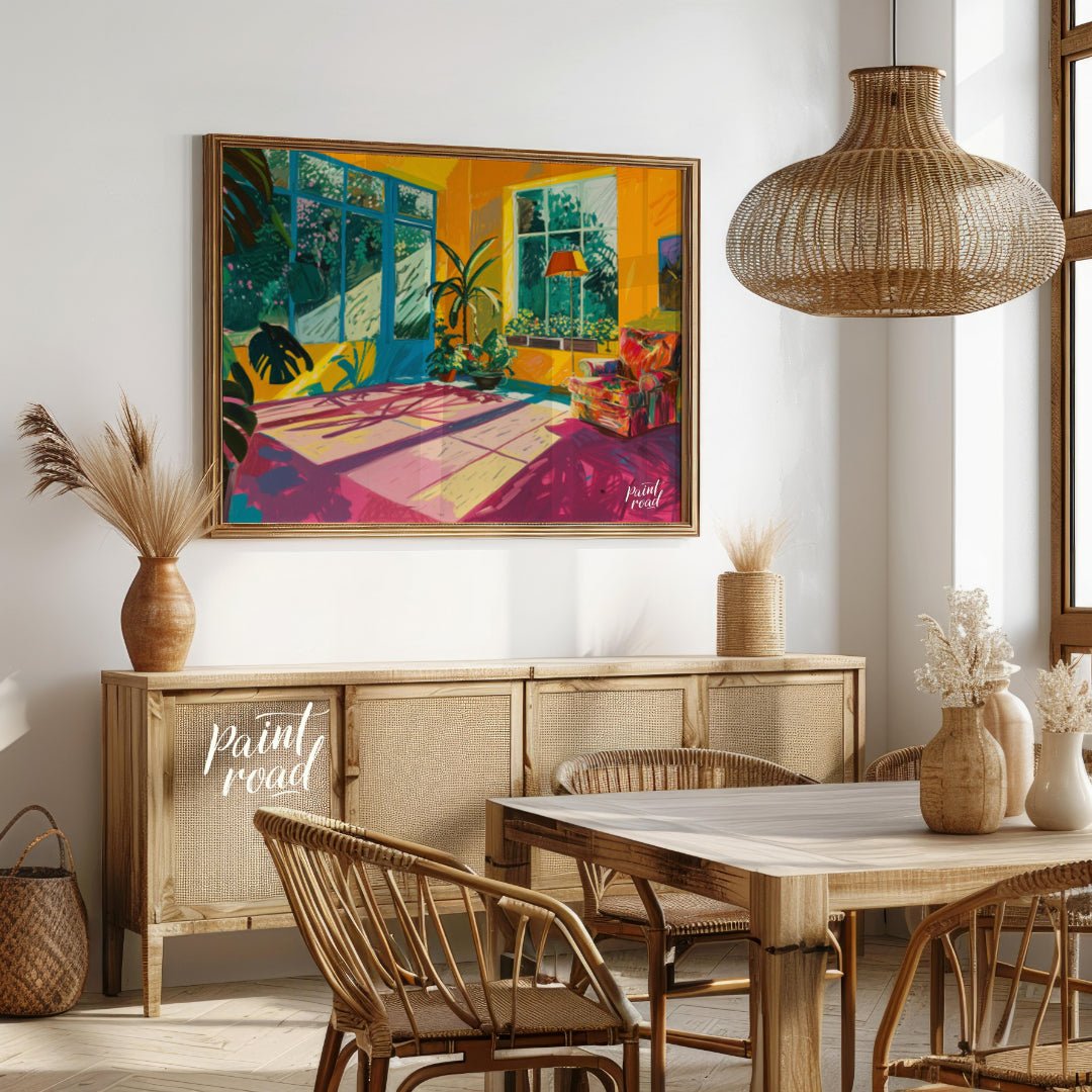 "Sunlit Interior" presents a vibrant depiction of an indoor space, bathed in warm sunlight. The art… for dining room