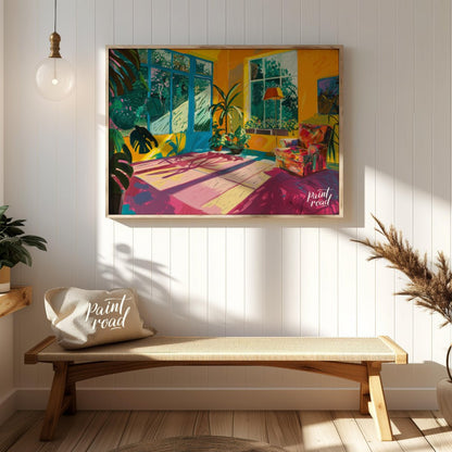 "Sunlit Interior" presents a vibrant depiction of an indoor space, bathed in warm sunlight. The art… for entryway