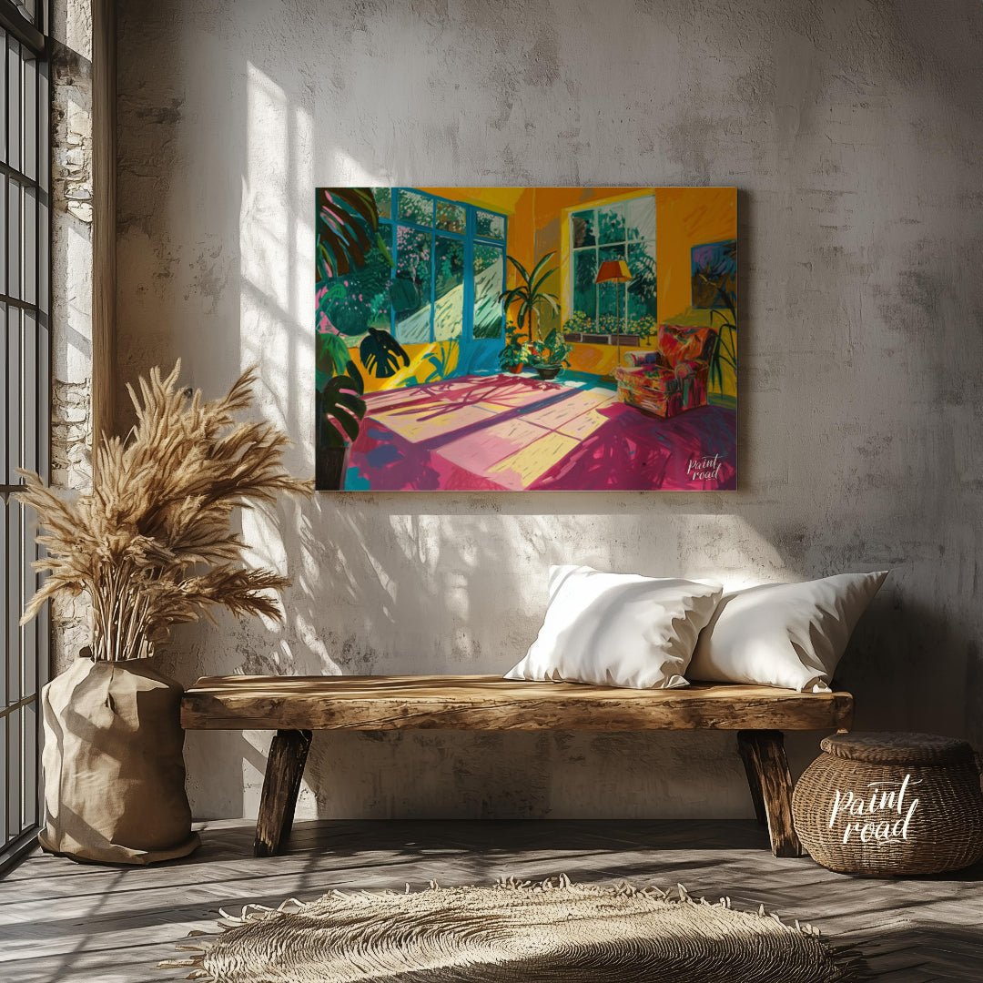 "Sunlit Interior" presents a vibrant depiction of an indoor space, bathed in warm sunlight. The art… for hallway