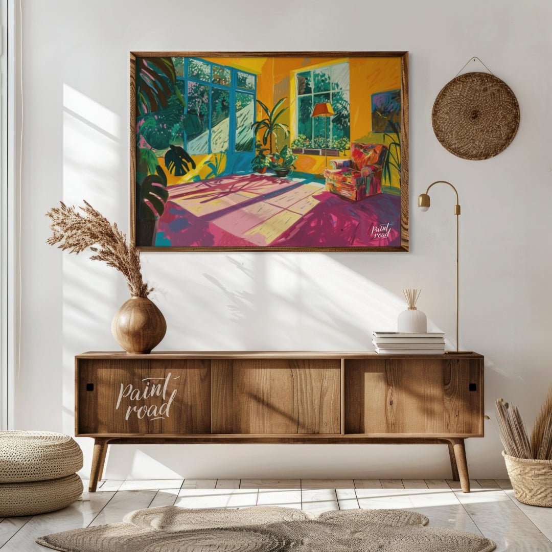 "Sunlit Interior" presents a vibrant depiction of an indoor space, bathed in warm sunlight. The art… for living room