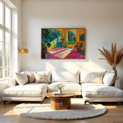 "Sunlit Interior" presents a vibrant depiction of an indoor space, bathed in warm sunlight. The art… for living room