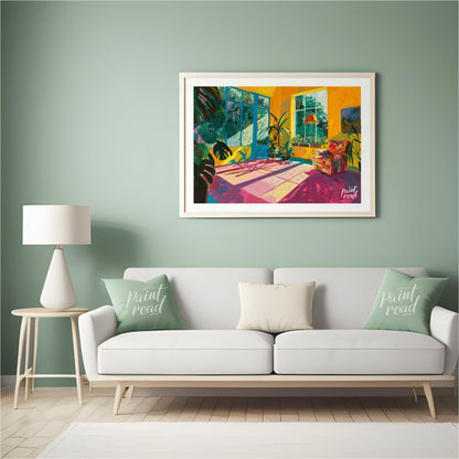 "Sunlit Interior" presents a vibrant depiction of an indoor space, bathed in warm sunlight. The art… for living room