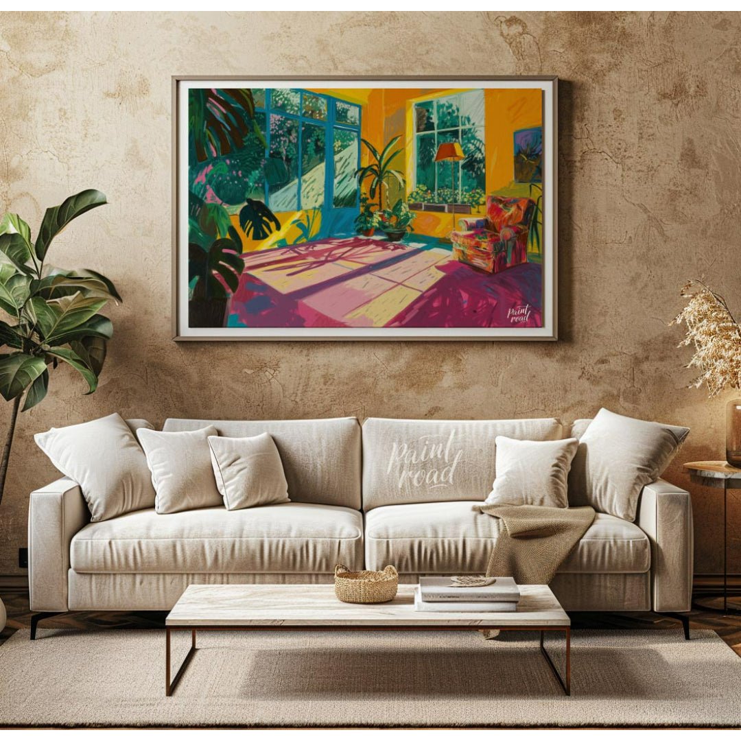 "Sunlit Interior" presents a vibrant depiction of an indoor space, bathed in warm sunlight. The art… for living room
