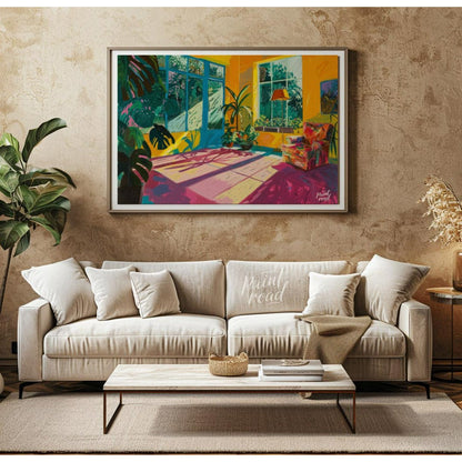 "Sunlit Interior" presents a vibrant depiction of an indoor space, bathed in warm sunlight. The art… for living room