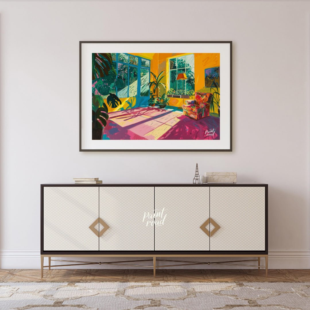 "Sunlit Interior" presents a vibrant depiction of an indoor space, bathed in warm sunlight. The art… for living room