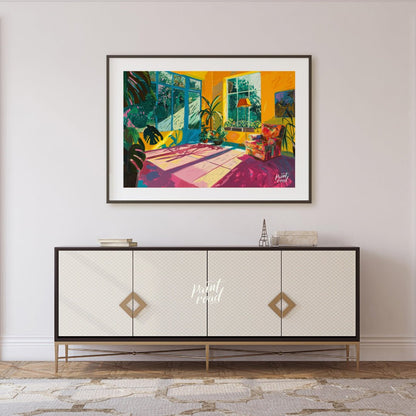 "Sunlit Interior" presents a vibrant depiction of an indoor space, bathed in warm sunlight. The art… for living room