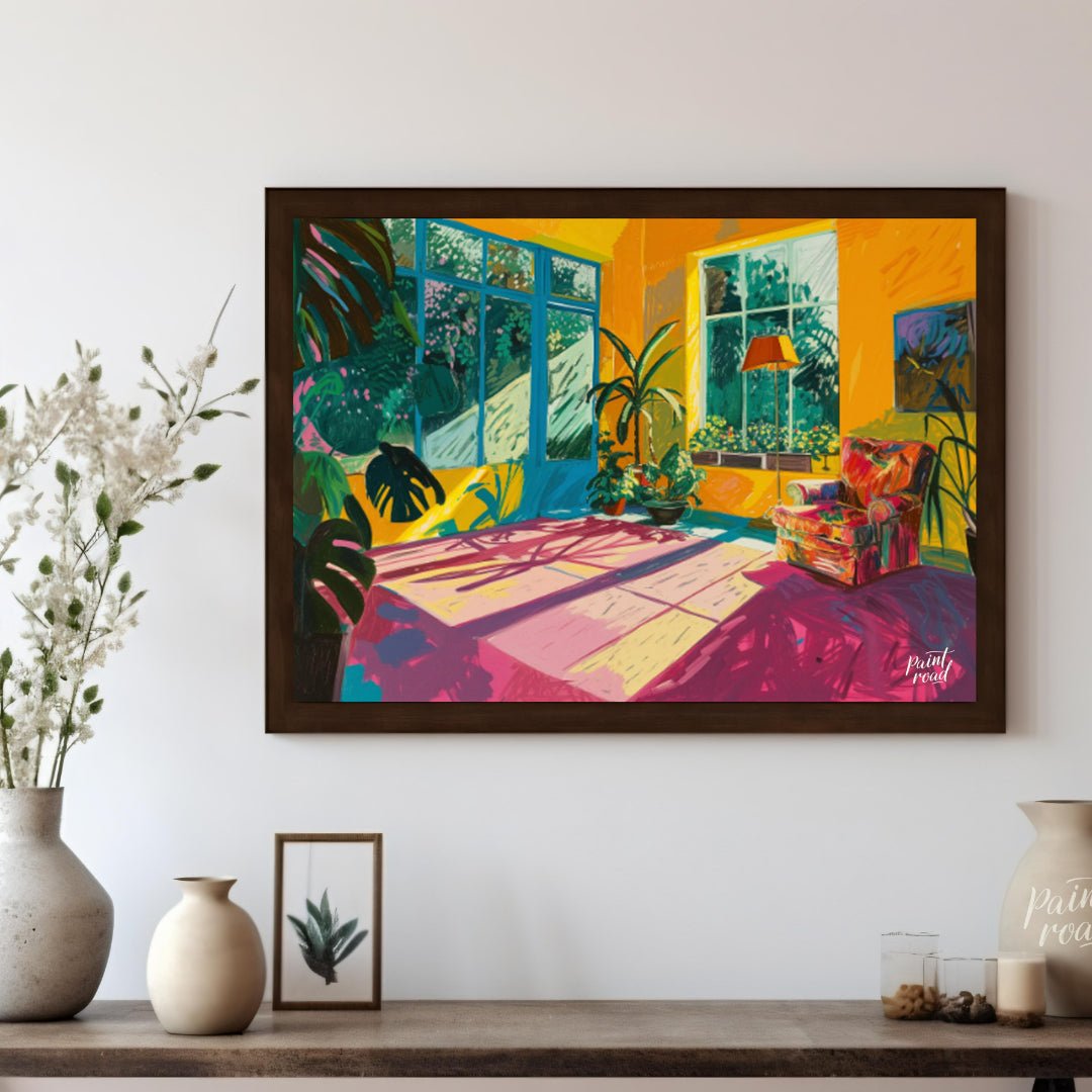 "Sunlit Interior" presents a vibrant depiction of an indoor space, bathed in warm sunlight. The art… for other