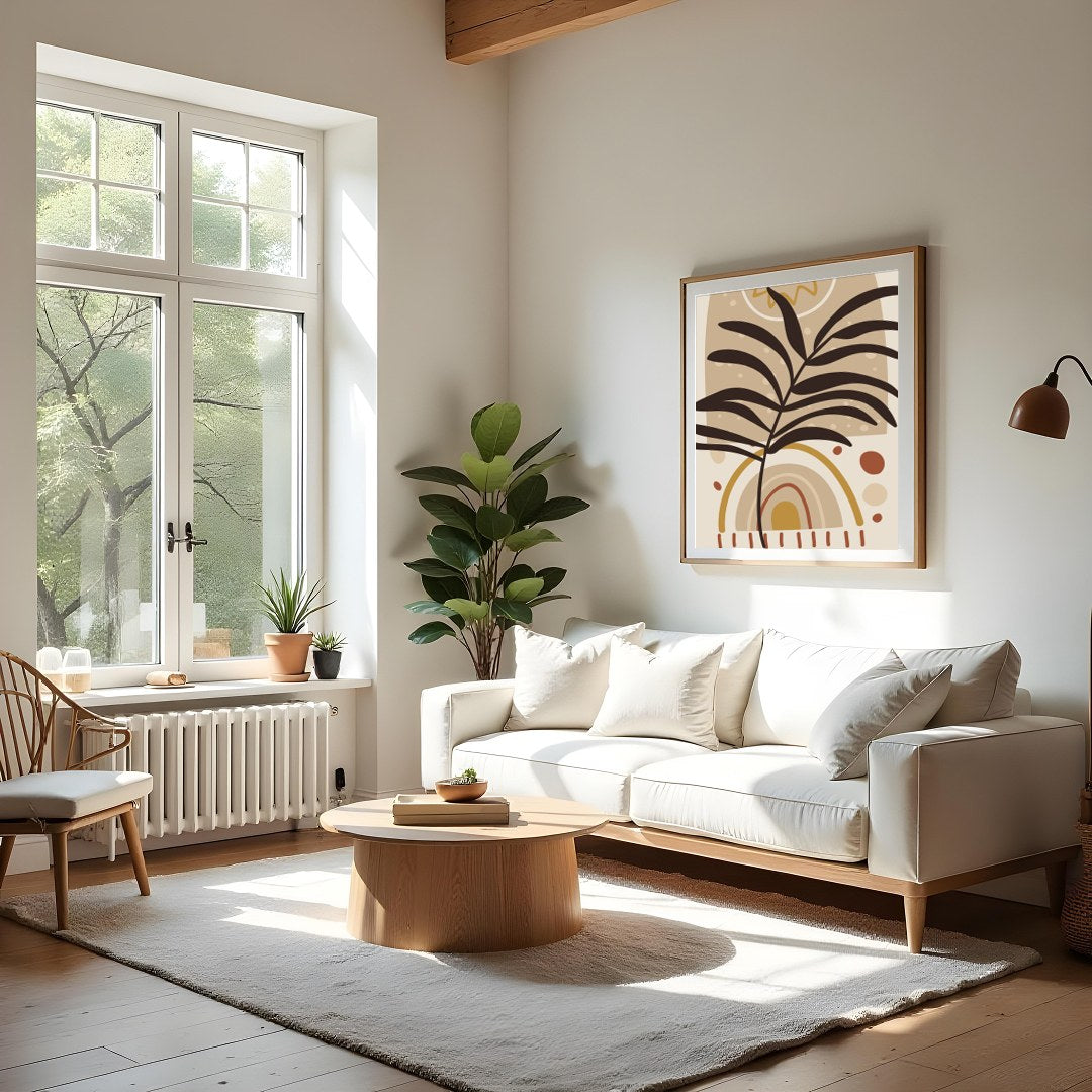 This captivating piece blends natural motifs with abstract design, featuring a silhouetted leaf for Living Room
