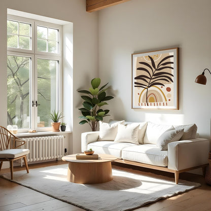 This captivating piece blends natural motifs with abstract design, featuring a silhouetted leaf for Living Room