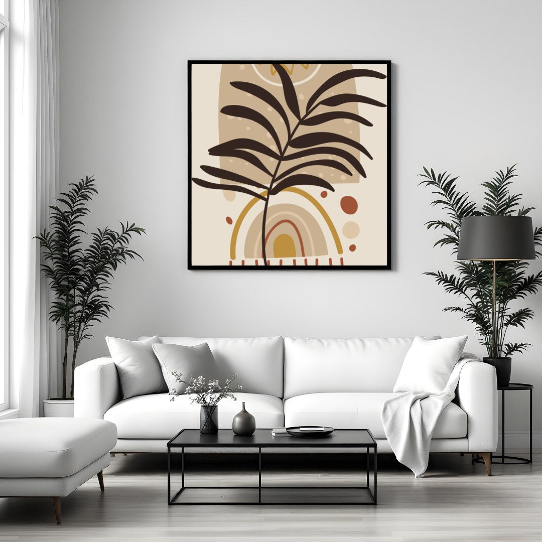 This captivating piece blends natural motifs with abstract design, featuring a silhouetted leaf for Sitting Area
