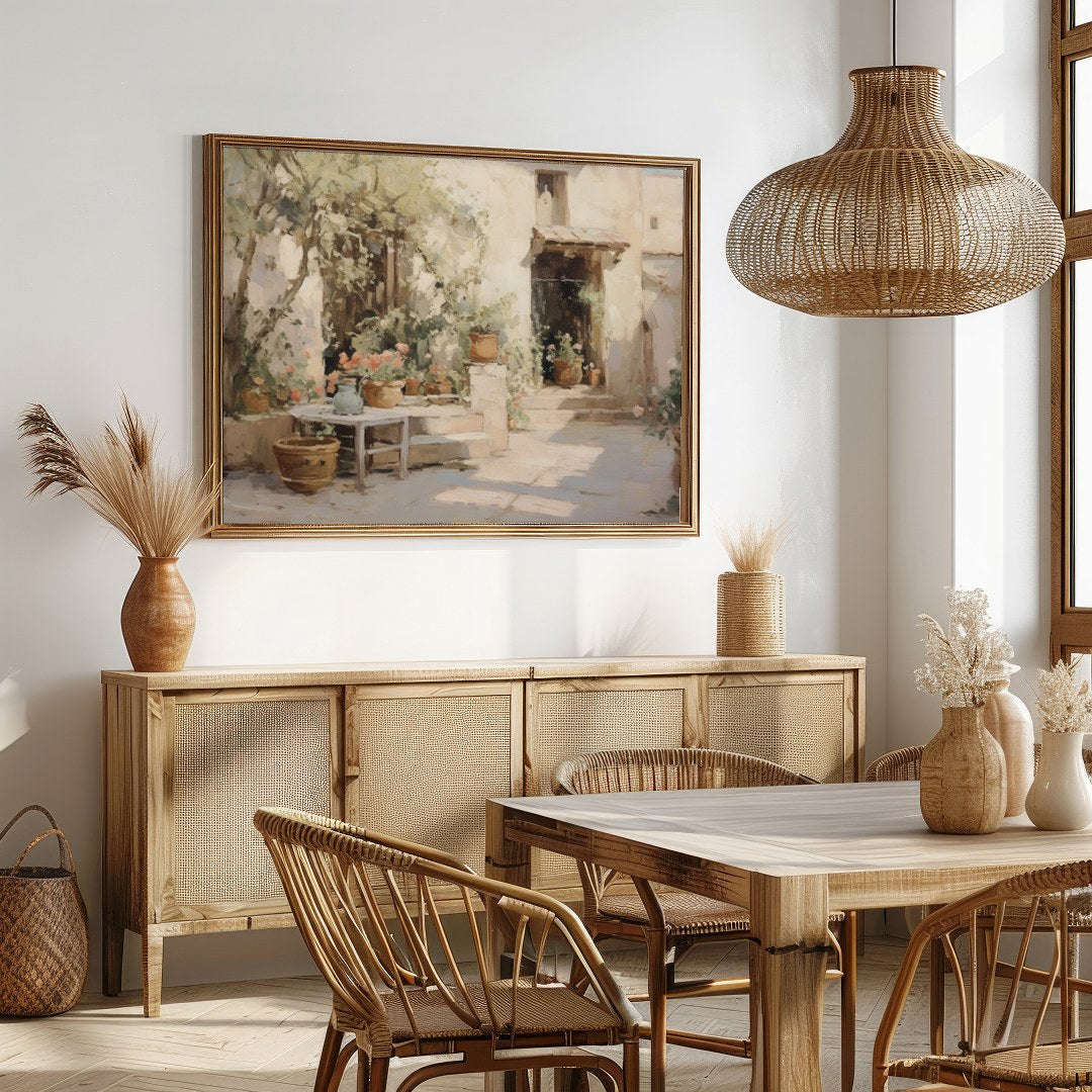 Experience the tranquility of a sunlit Mediterranean courtyard with this exquisite piece. Capturing for Dining