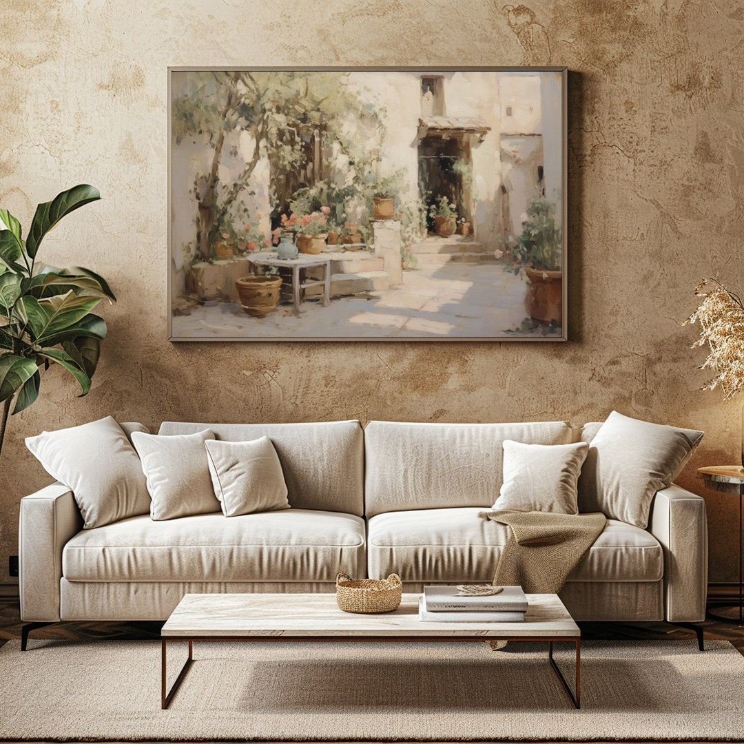 Experience the tranquility of a sunlit Mediterranean courtyard with this exquisite piece. Capturing for Family Room