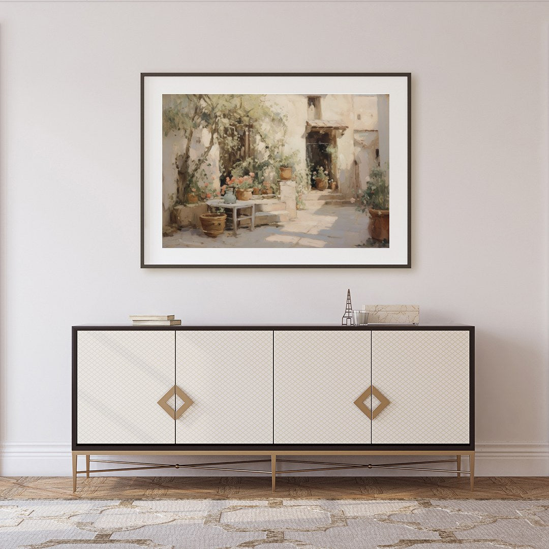 Experience the tranquility of a sunlit Mediterranean courtyard with this exquisite piece. Capturing for Foyer
