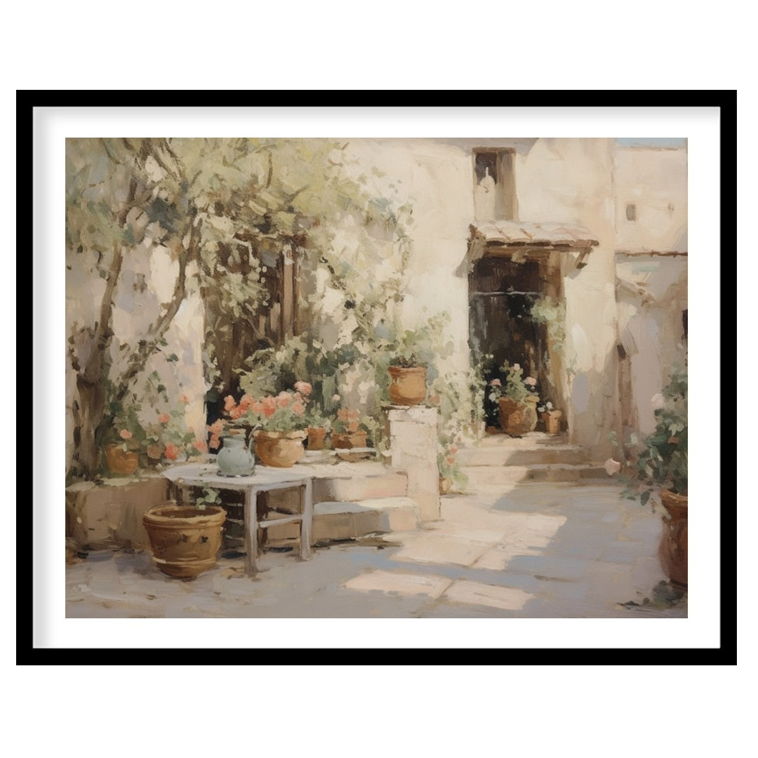 Experience the tranquility of a sunlit Mediterranean courtyard with this exquisite piece. Capturing for hallway