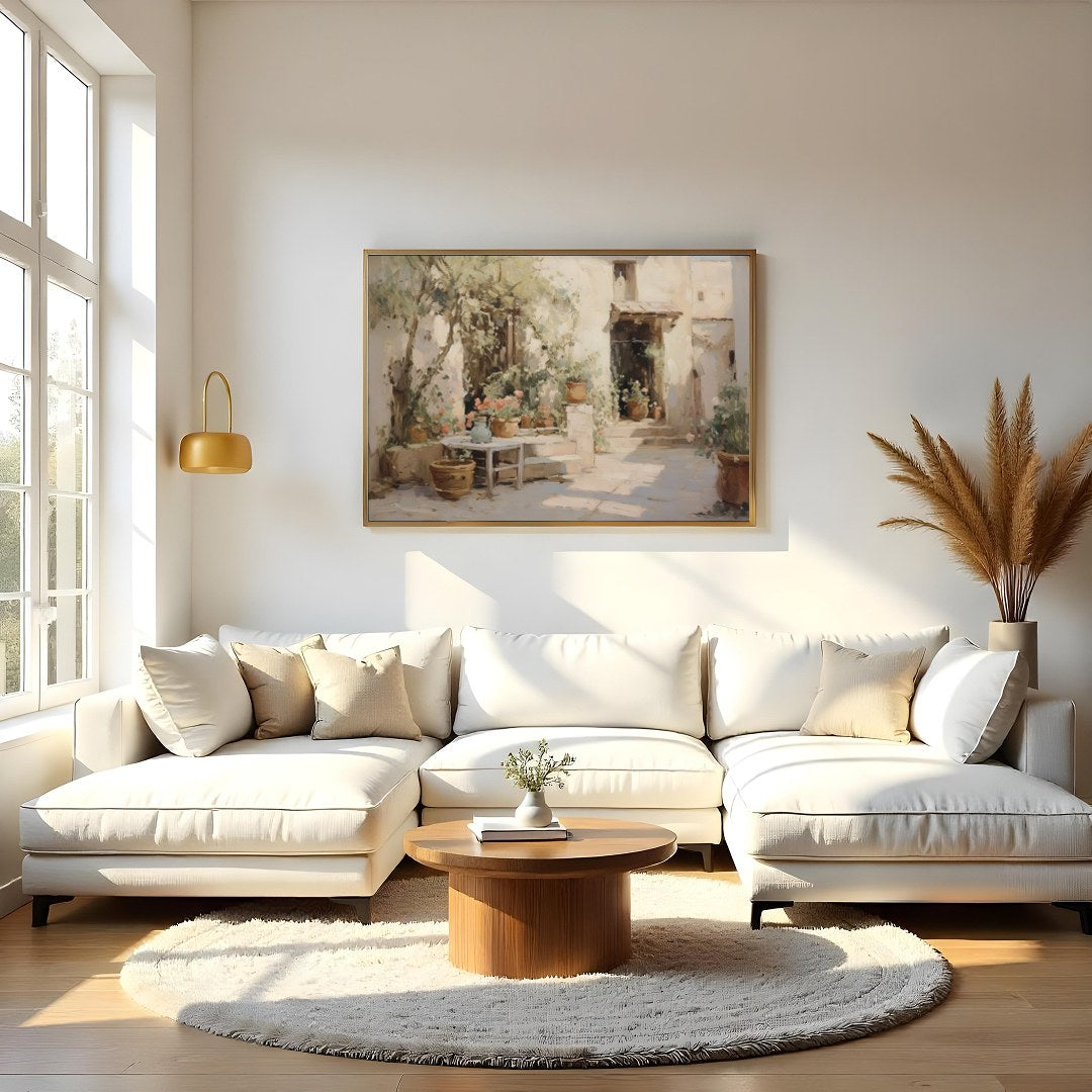 Experience the tranquility of a sunlit Mediterranean courtyard with this exquisite piece. Capturing for Living Room