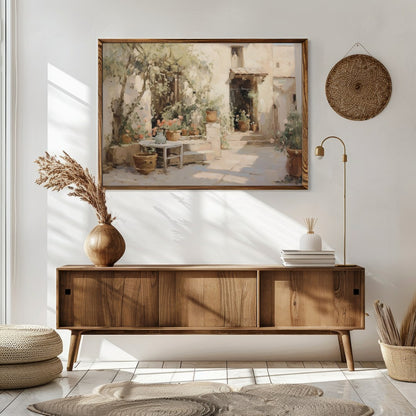 Experience the tranquility of a sunlit Mediterranean courtyard with this exquisite piece. Capturing for Sitting Area