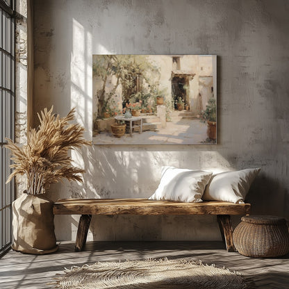 Experience the tranquility of a sunlit Mediterranean courtyard with this exquisite piece. Capturing for Veranda