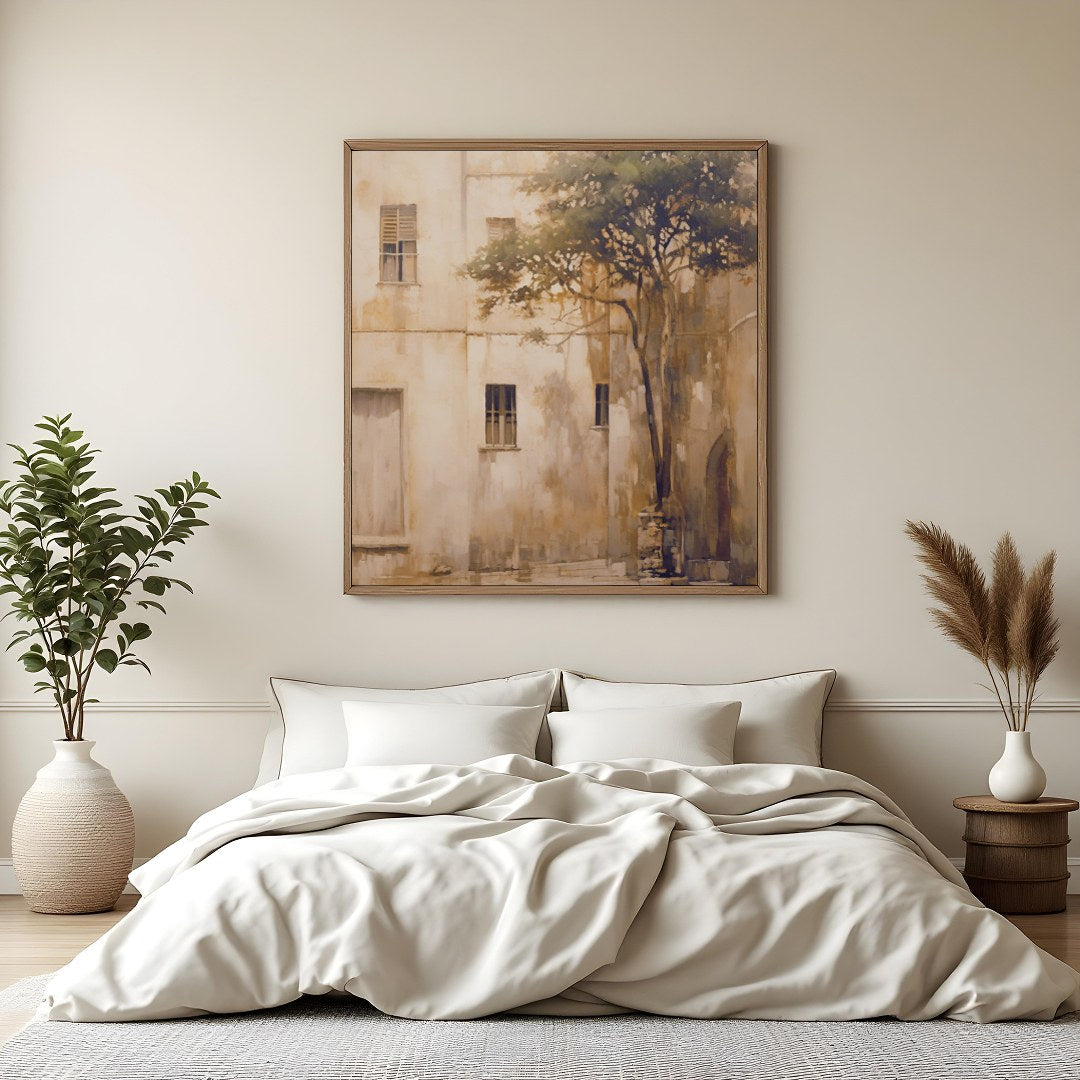 Transport yourself to a tranquil Mediterranean retreat with this stunning wall art. Featuring a for Bedroom