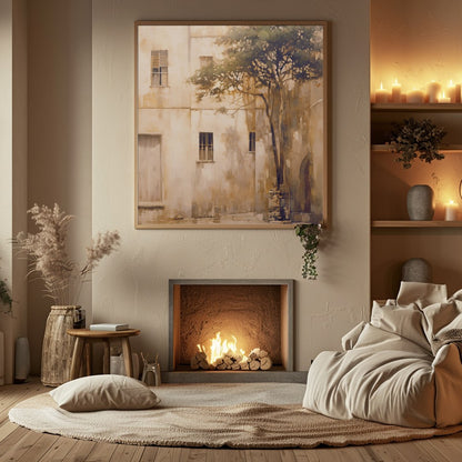 Transport yourself to a tranquil Mediterranean retreat with this stunning wall art. Featuring a for Hall