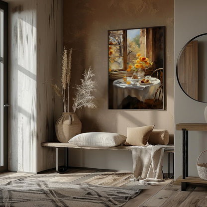 Embrace the warmth of a sunlit morning with this captivating artwork, featuring a serene table for abode