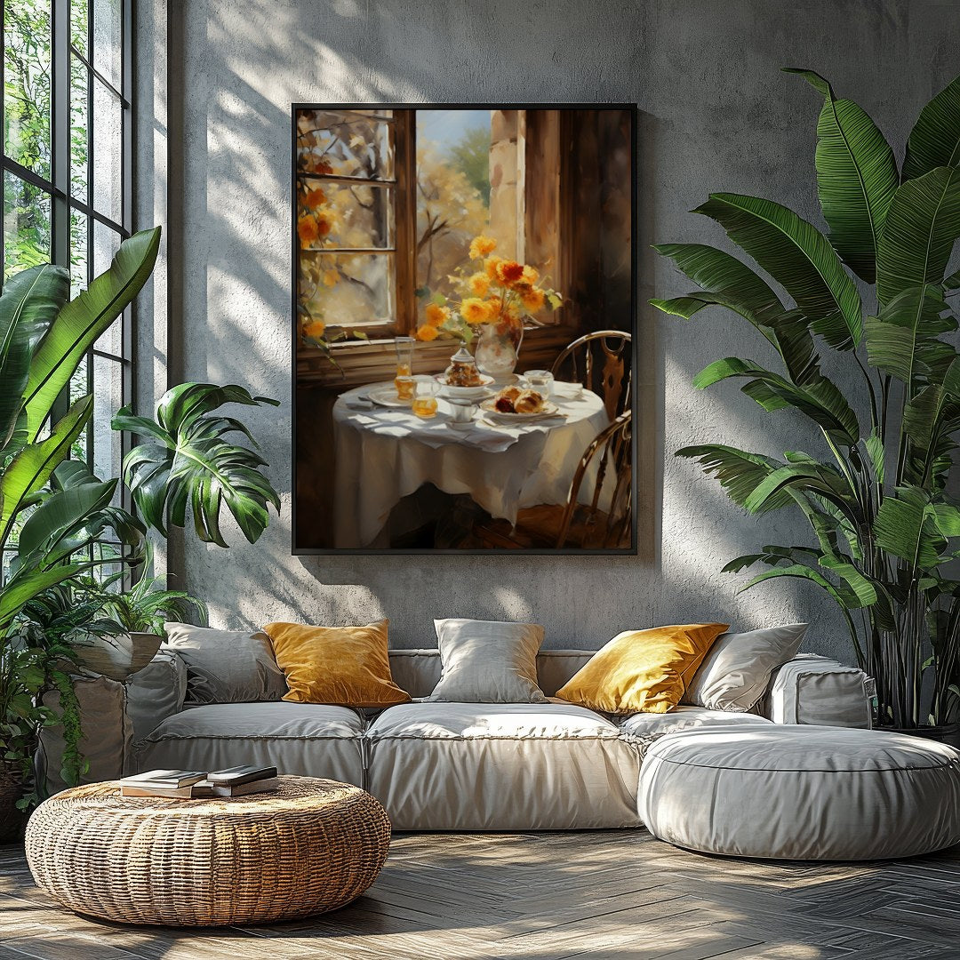 Embrace the warmth of a sunlit morning with this captivating artwork, featuring a serene table for Balcony