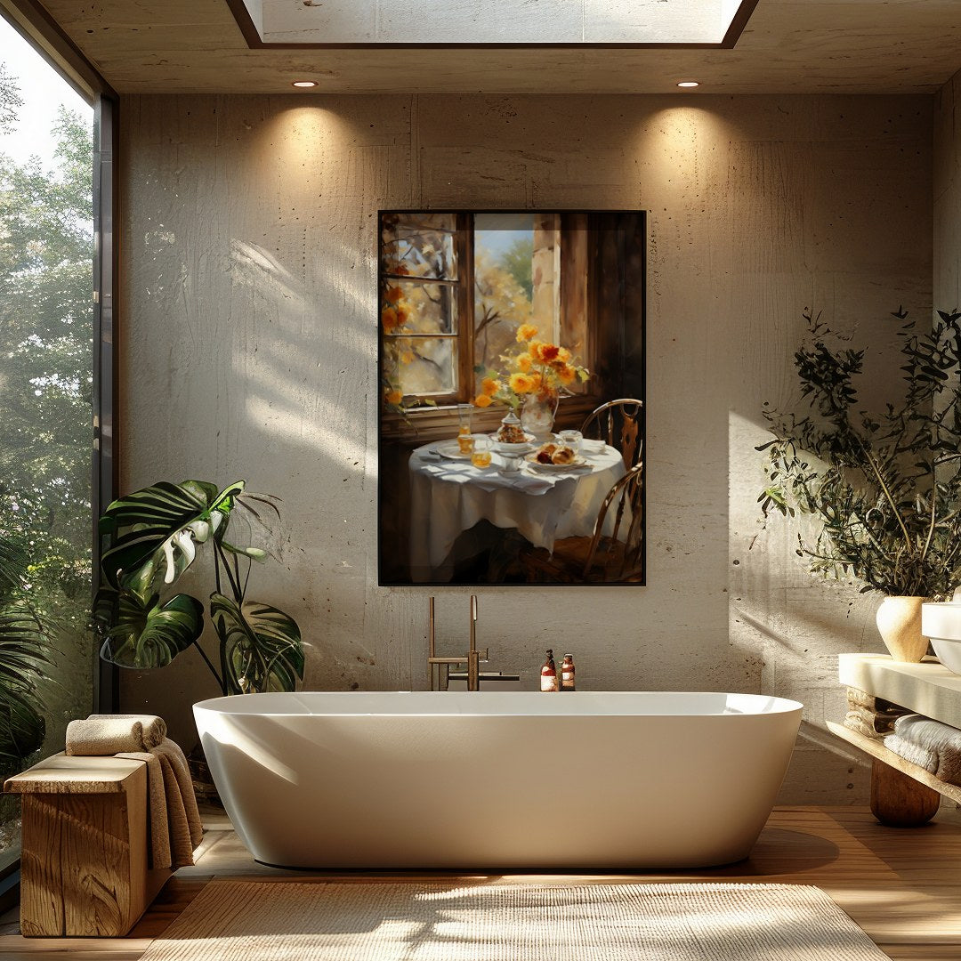 Embrace the warmth of a sunlit morning with this captivating artwork, featuring a serene table for Bathroom