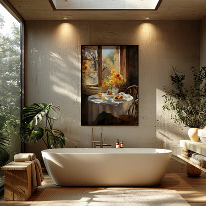 Embrace the warmth of a sunlit morning with this captivating artwork, featuring a serene table for Bathroom