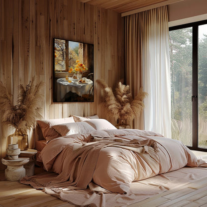 Embrace the warmth of a sunlit morning with this captivating artwork, featuring a serene table for Bedroom