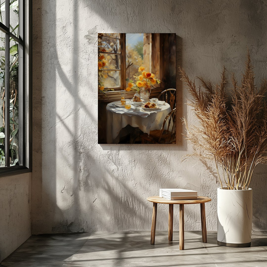 Embrace the warmth of a sunlit morning with this captivating artwork, featuring a serene table for Entrance