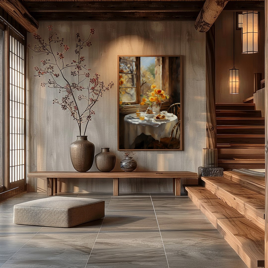 Embrace the warmth of a sunlit morning with this captivating artwork, featuring a serene table for Hall