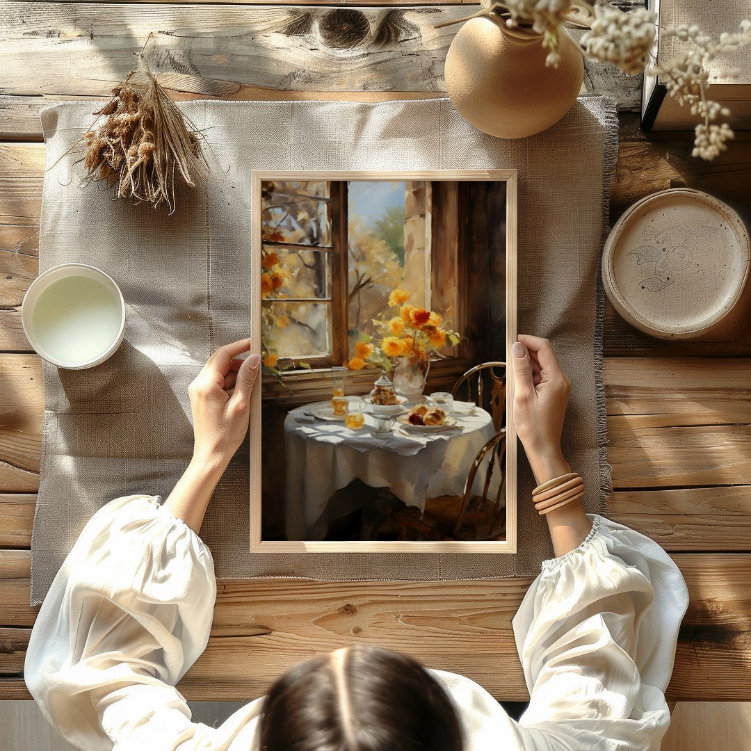 Embrace the warmth of a sunlit morning with this captivating artwork, featuring a serene table for Kitchen