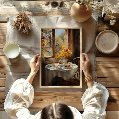 Embrace the warmth of a sunlit morning with this captivating artwork, featuring a serene table for Kitchen