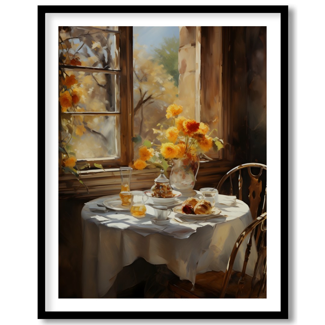 Embrace the warmth of a sunlit morning with this captivating artwork, featuring a serene table for loft