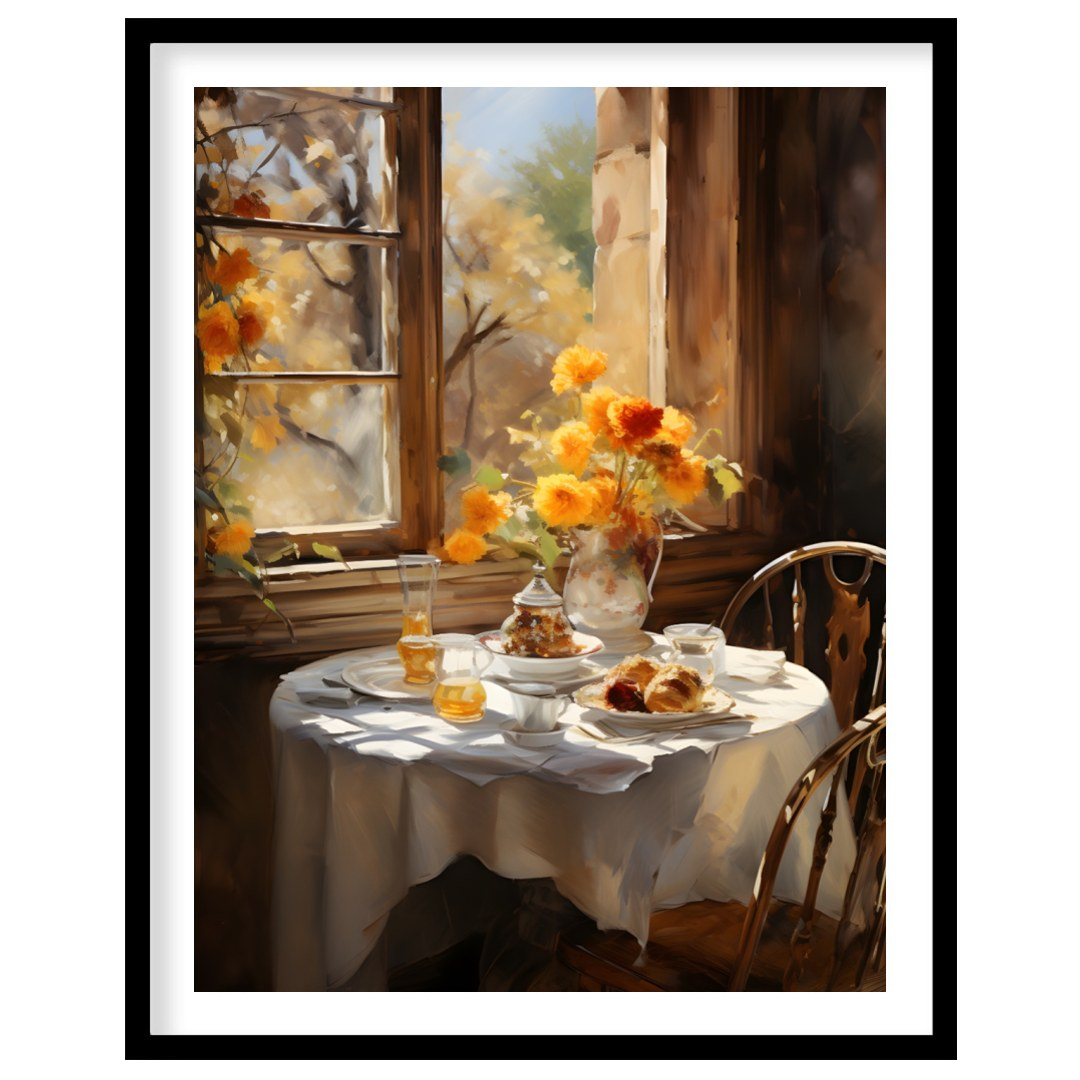 Embrace the warmth of a sunlit morning with this captivating artwork, featuring a serene table for loft