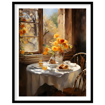 Embrace the warmth of a sunlit morning with this captivating artwork, featuring a serene table for loft