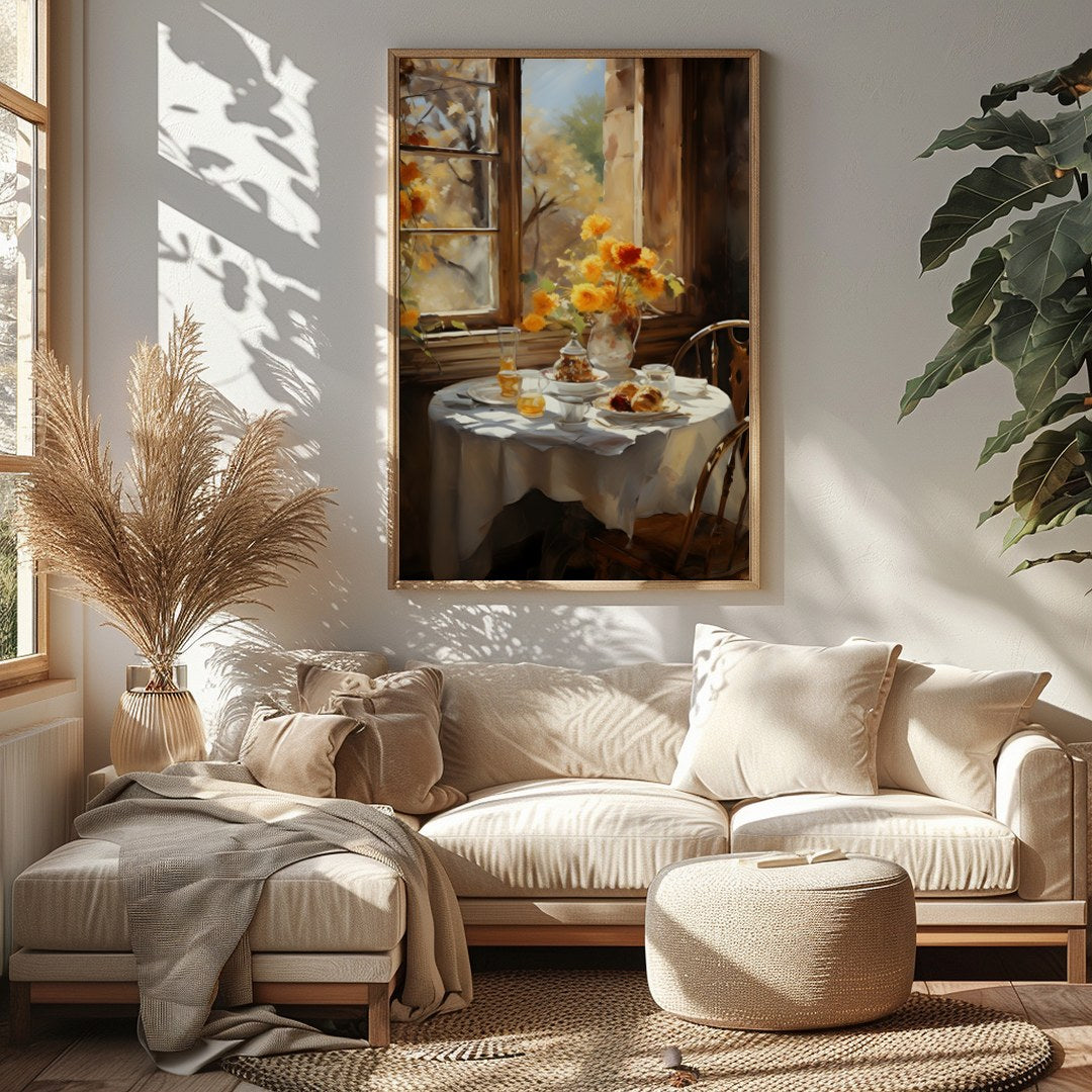 Embrace the warmth of a sunlit morning with this captivating artwork, featuring a serene table for Sitting Area